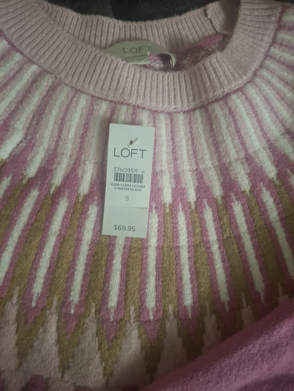 LOFT Pink Fair Isle Yoke Crew Sweater